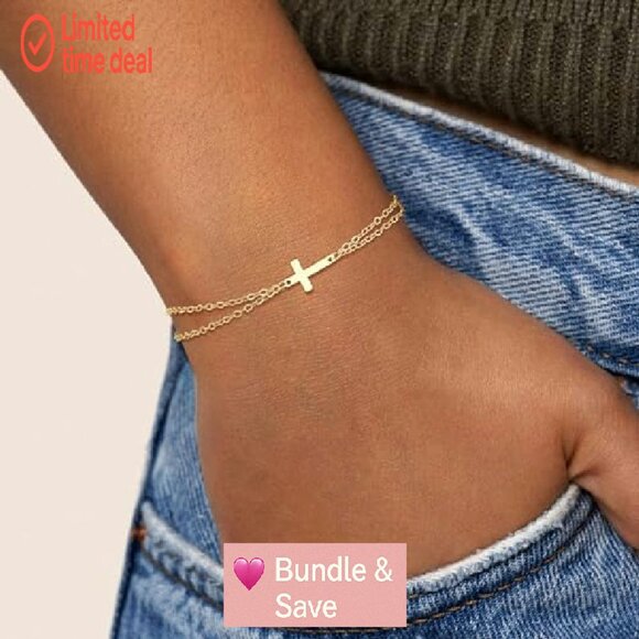 14K Gold Plated Cross Bracelet with Pearl Beads, Adjustable 9 Inch - Picture 5 of 7